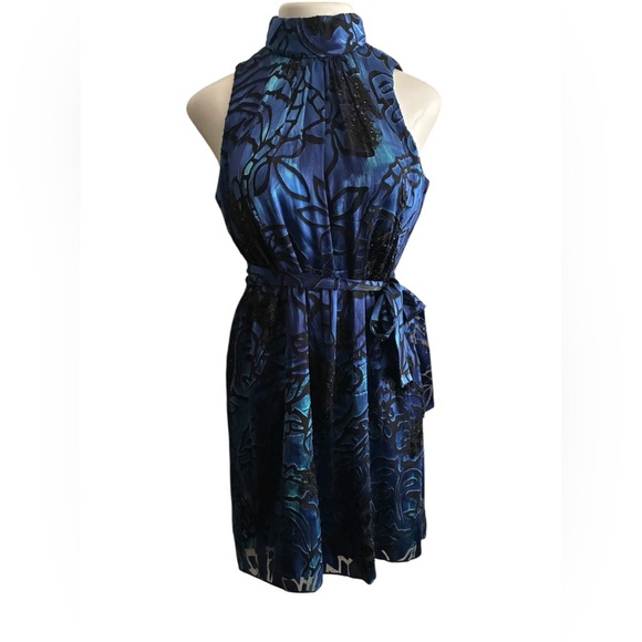 Alex Evenings Silk Blend Blue & Black Beaded Halter Mini Dress 8 - Picture 2 of 16